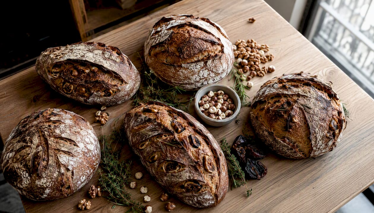 Pains au levain artisanaux de saison, agrémentés de fruits à coque et d’herbes fraîches
