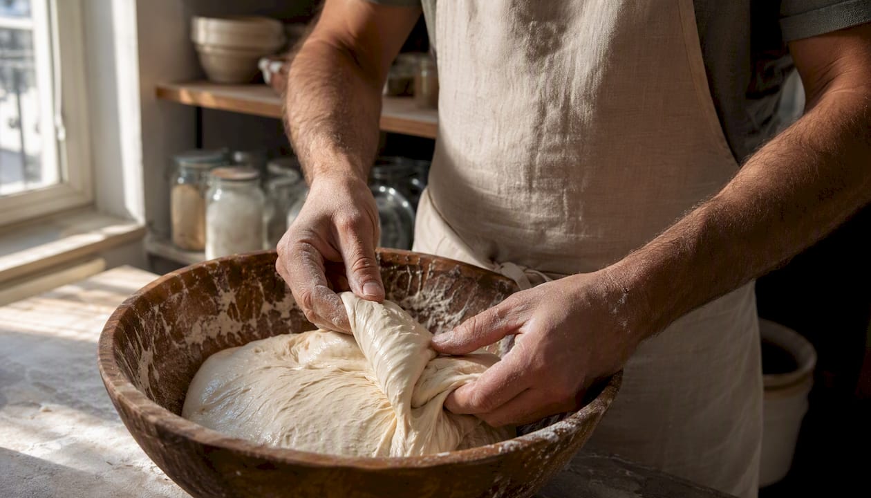 Un boulanger façonne à la main une pâte à pain au levain sur son plan de travail.