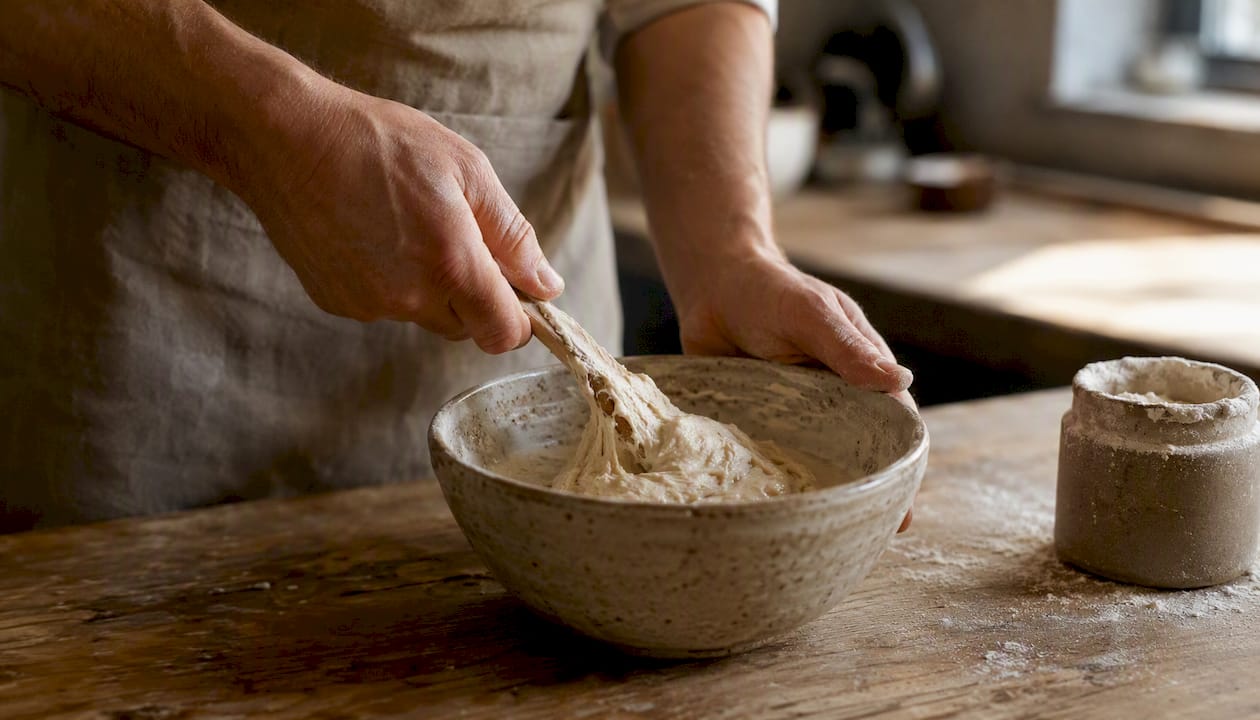 Des mains en train de nourrir un levain naturel
