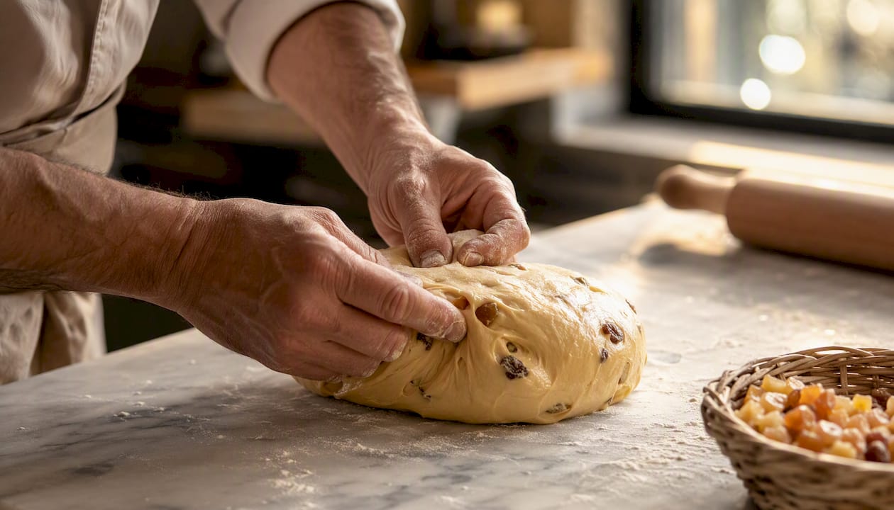 Gros plan sur des mains qui façonnent la pâte à panettone avec soin et fermeté.