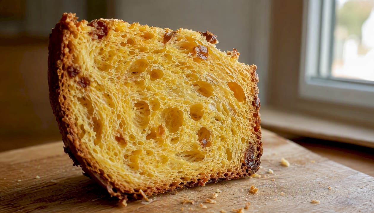 Vue rapprochée de la mie aérée et moelleuse d’un panettone fraîchement tranché