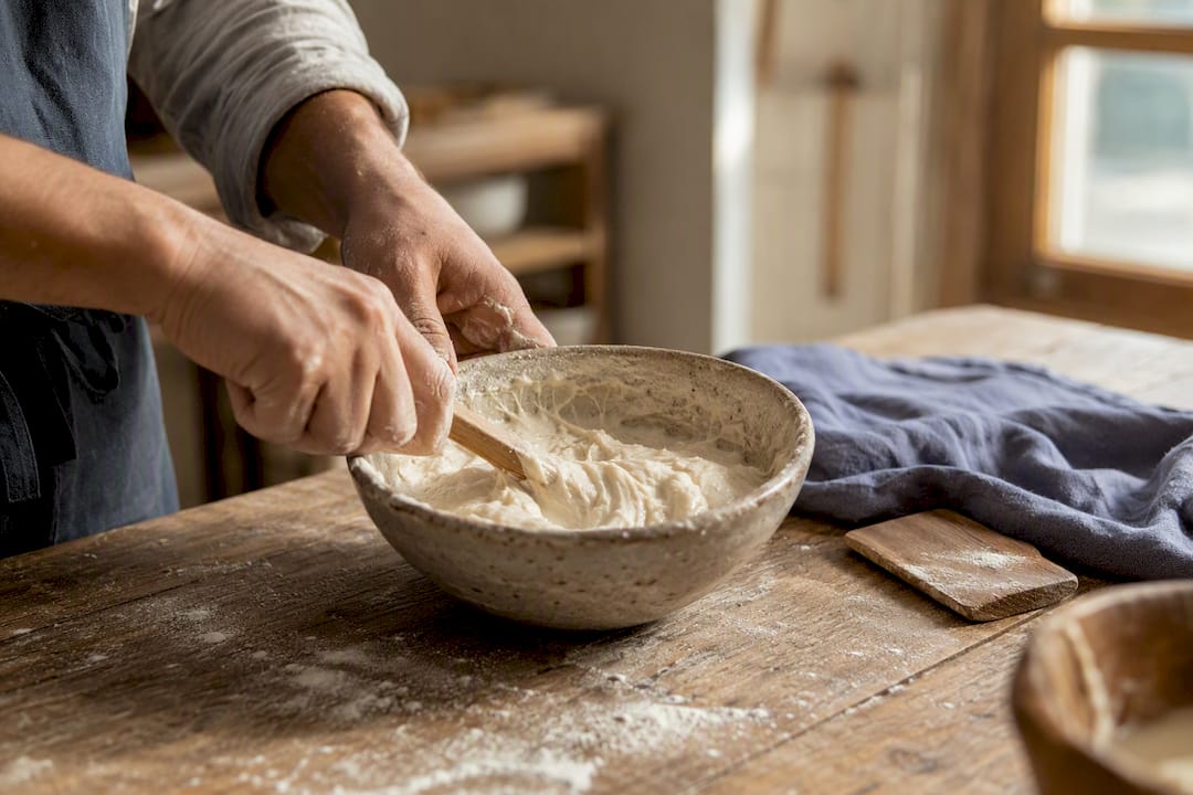 Un boulanger en train de nourrir son levain dans la cuisine