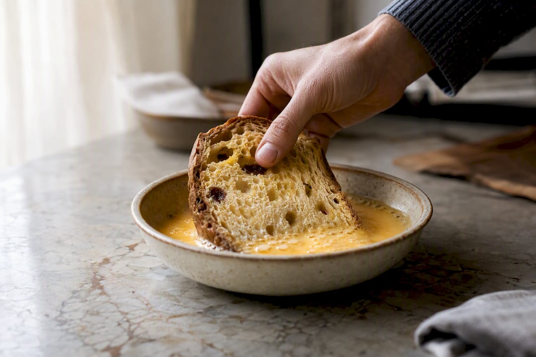 Main trempant une tranche de panettone dans un mélange d'œufs