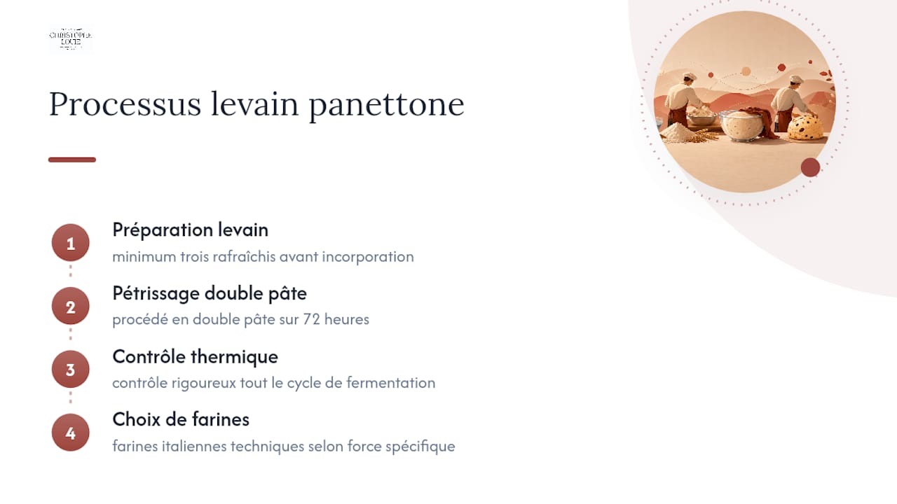 Schéma des étapes du processus de fermentation au levain du panettone sur 72 heures