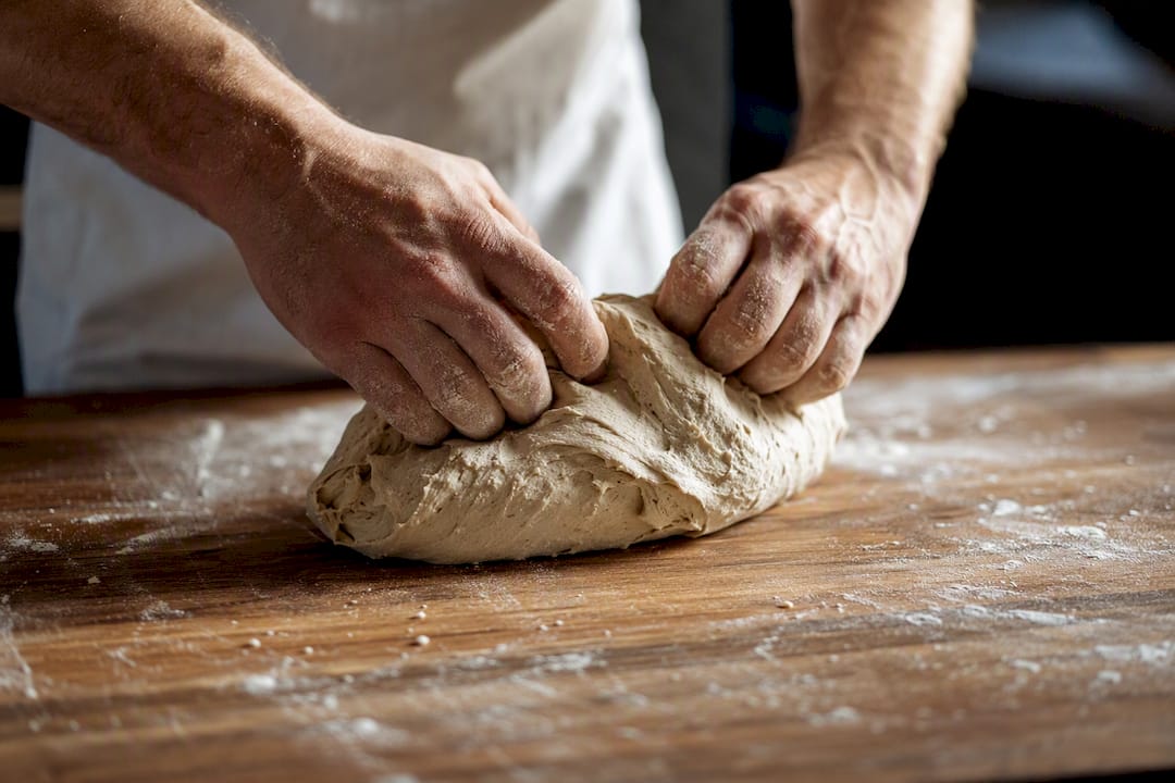 Boulanger repliant la pâte au levain pour renforcer le levain