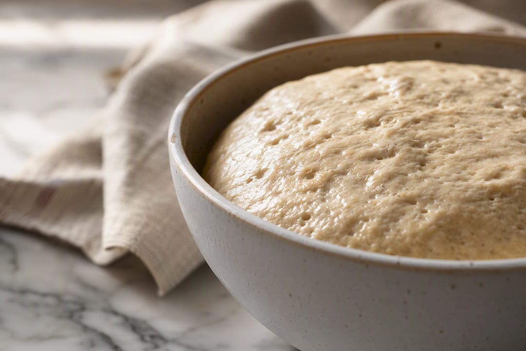 Pâte de panettone qui lève dans un saladier pendant la fermentation