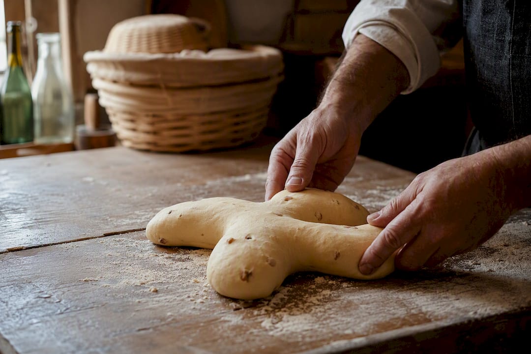 Mains façonnant la pâte à colombe dans une boulangerie italienne
