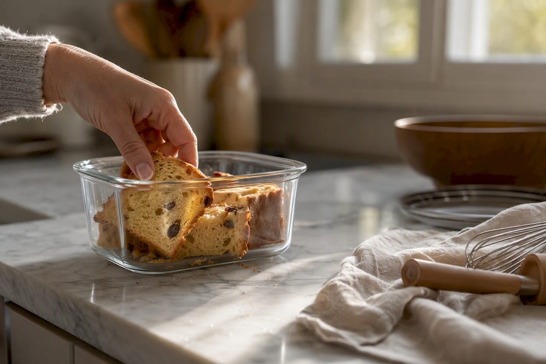 Main plaçant un panettone dans une boîte hermétique
