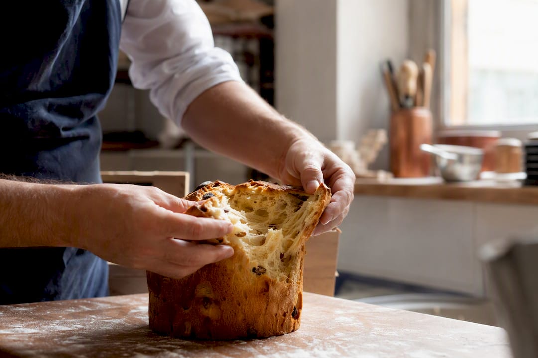 Mains déchirant un panettone au levain pour montrer la mie