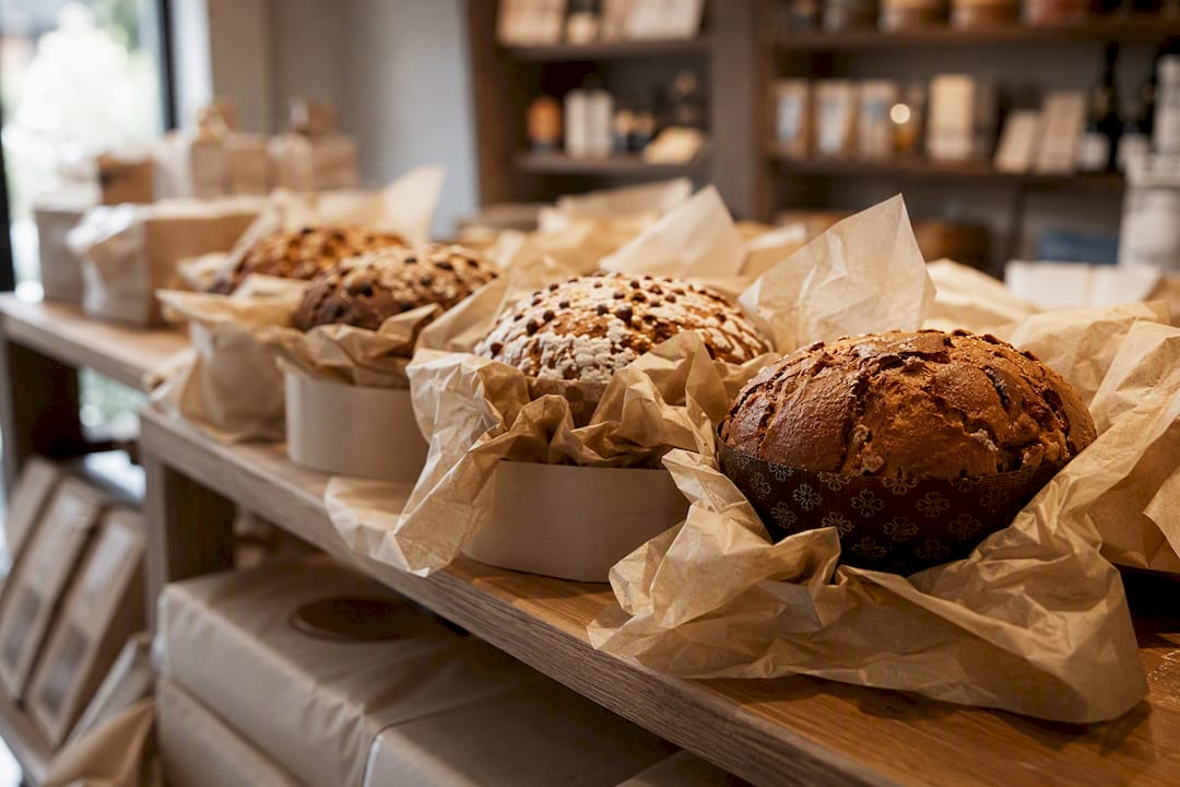 Panettone artisanal exposé dans une épicerie fine