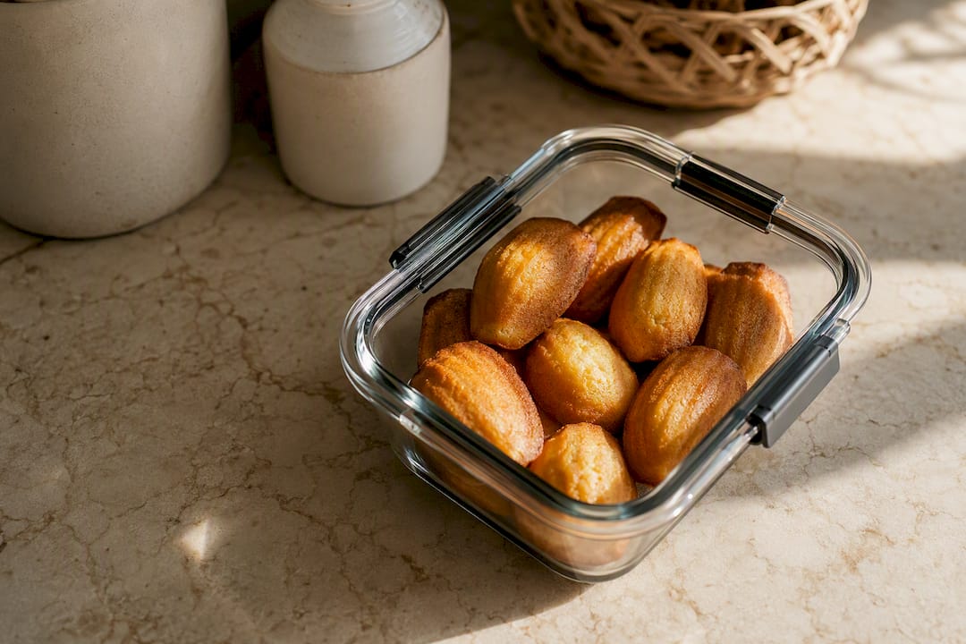 Madeleines conservées dans une boîte en verre hermétique