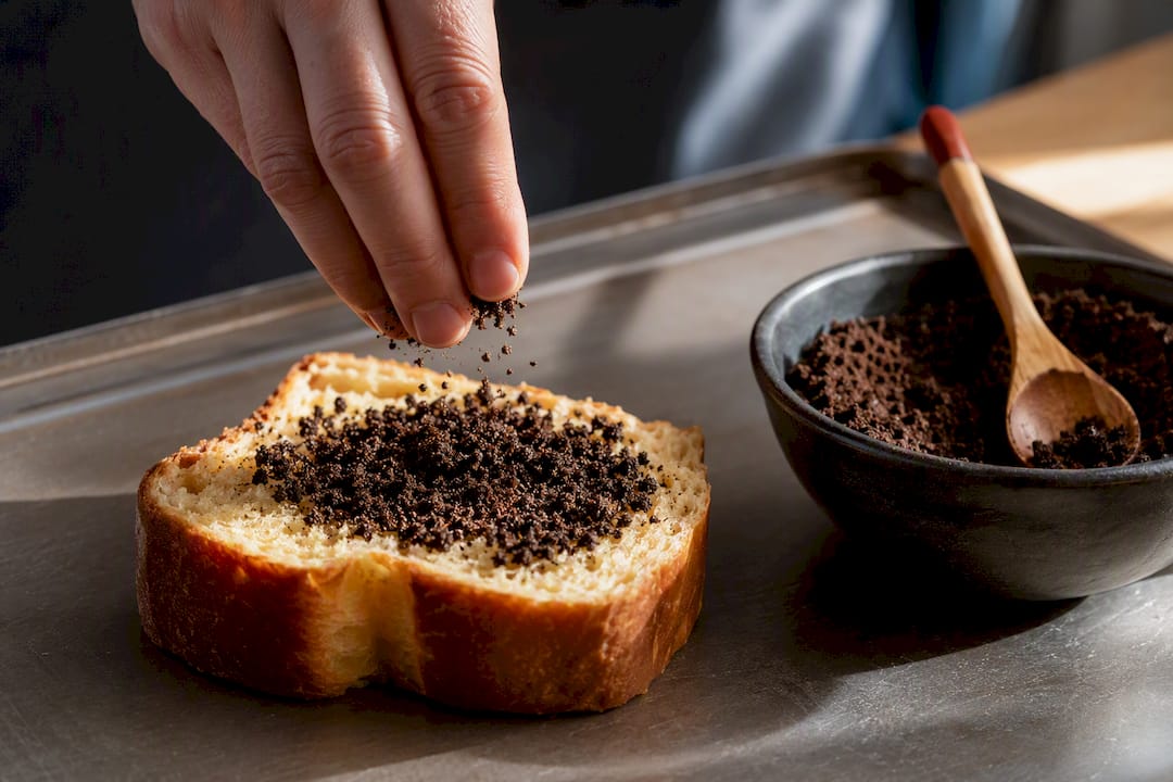Miette de brioche parsemée de marc de café