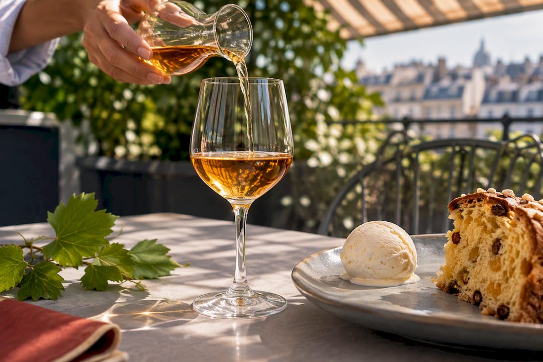 Vin Santo frais accompagné de glace et de panettone