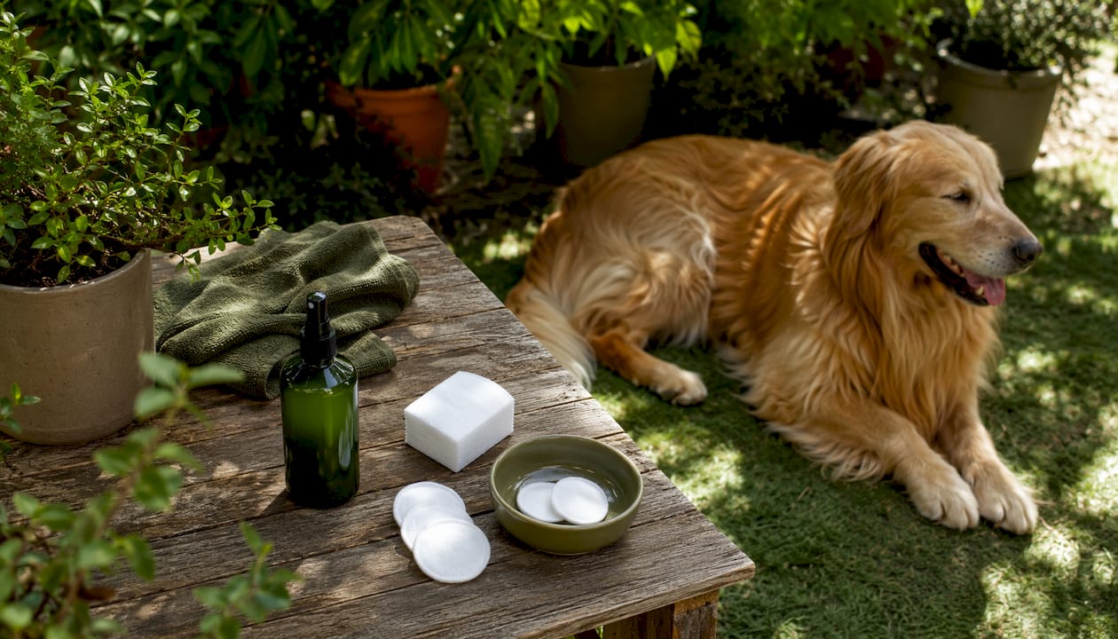 Prepared dog ear cleaning station with calm beagle