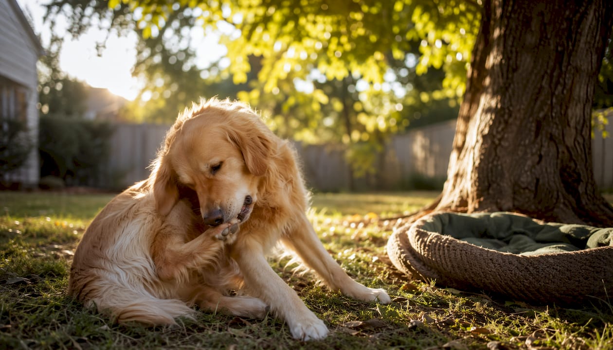 Golden retriever scratching paws indoors