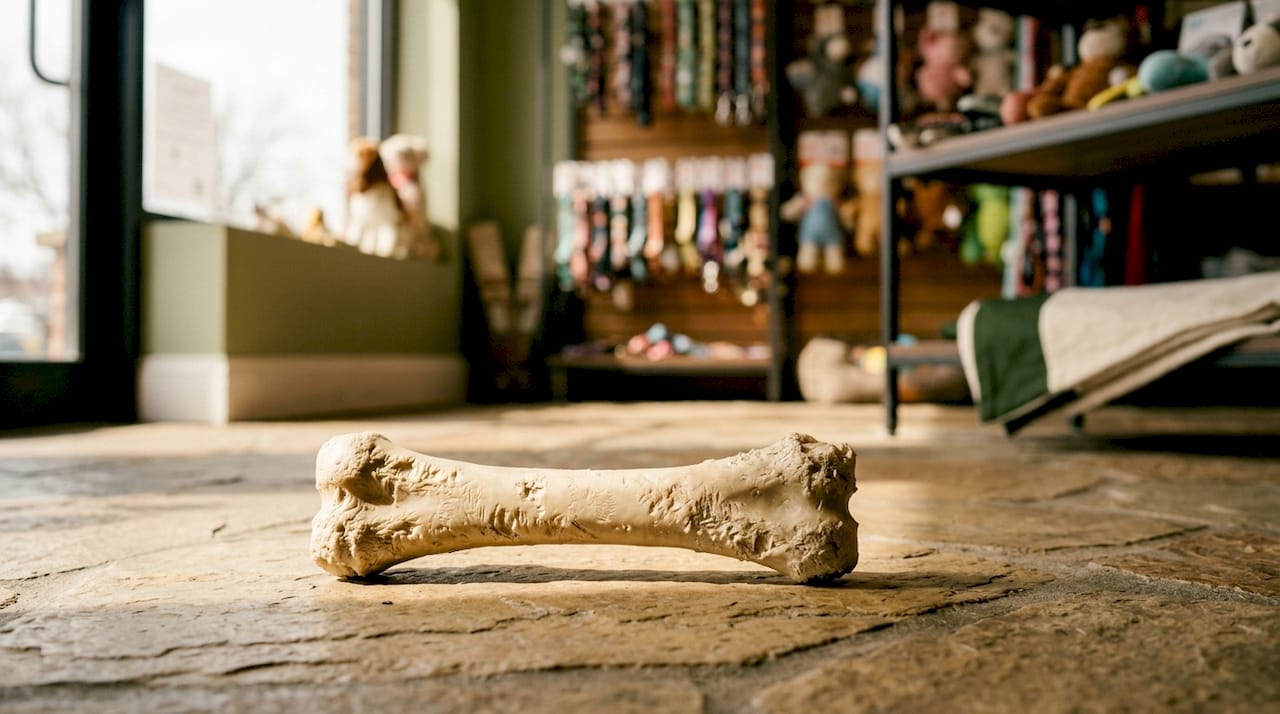 Close-up of worn Nylabone chew toy indoors