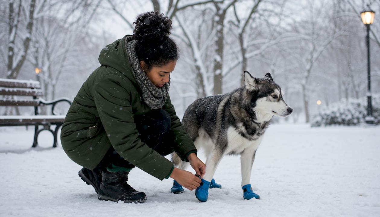 Man walking husky wearing booties on snow