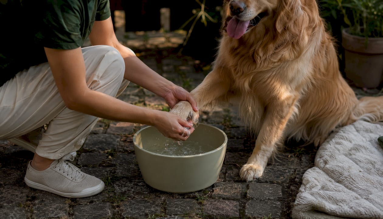 Close-up of dog paw being washed outdoors
