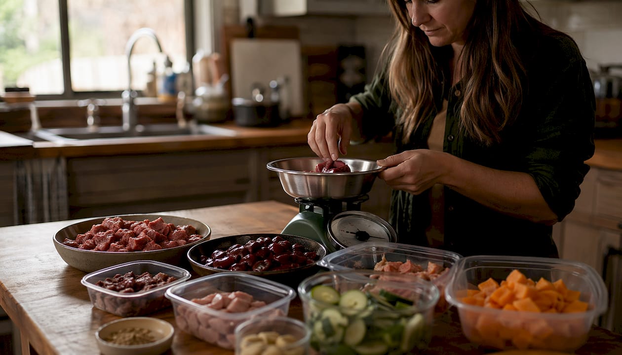 Close-up of raw dog food variety and portioning