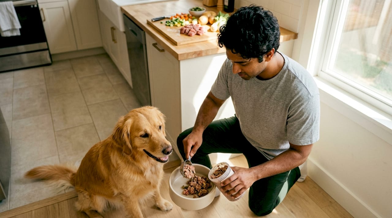 Owner adding raw food topper to dog bowl