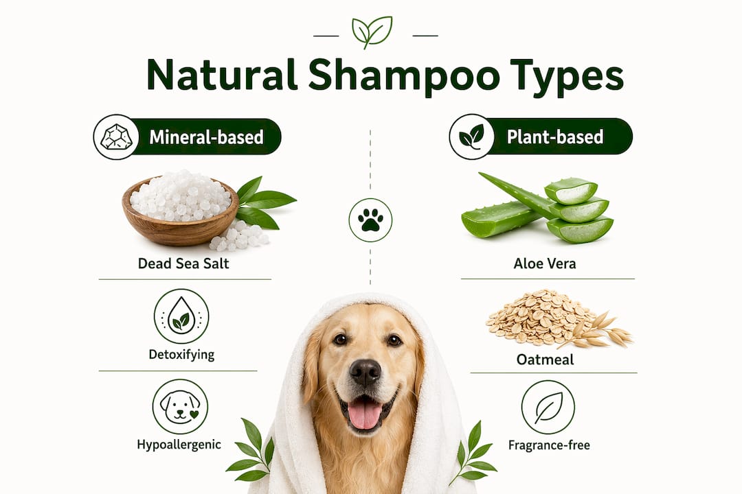 Infographic comparing mineral-based and plant-based natural dog shampoos