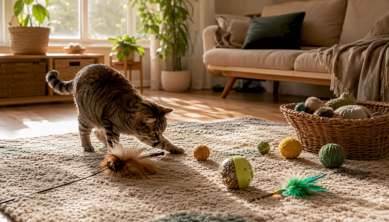 Assorted interactive cat toys on kitchen table