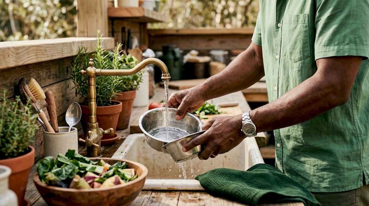 Man washing raw dog food bowls carefully