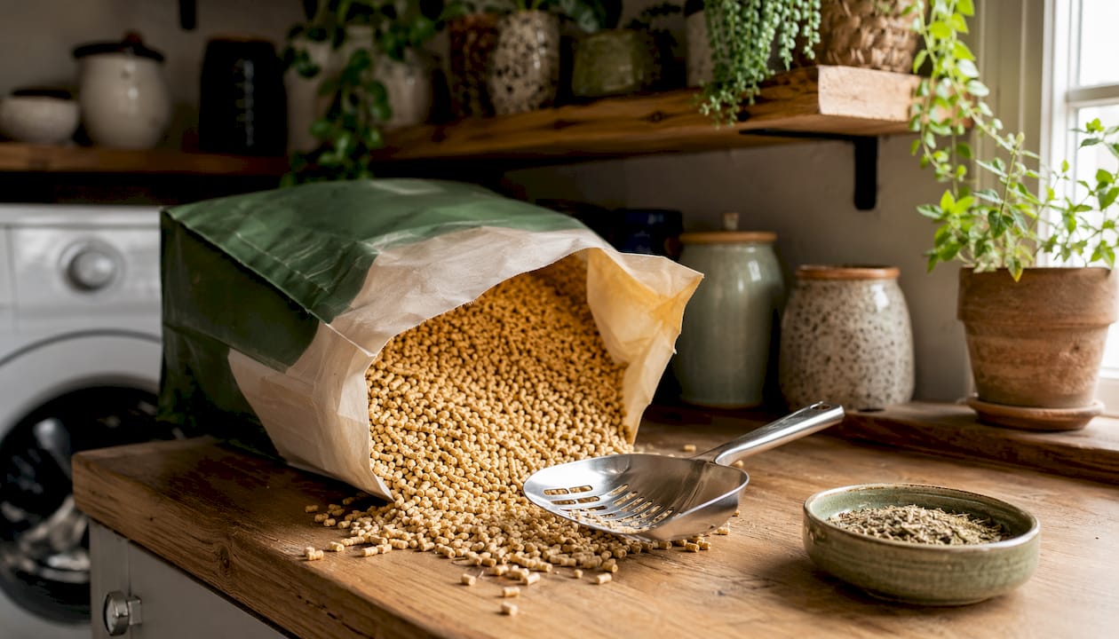 Corn-based natural cat litter and scoop on counter