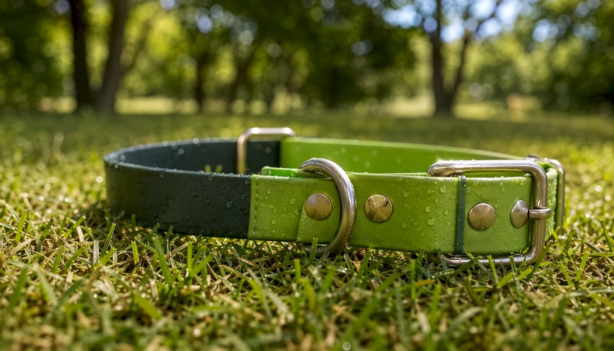 Close-up of waterproof dog collar on dock