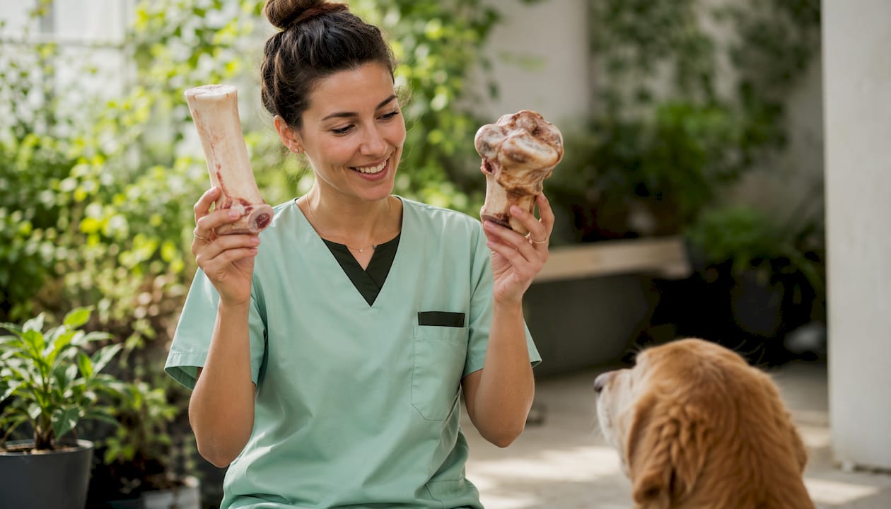 Veterinarian comparing safe and risky raw bones
