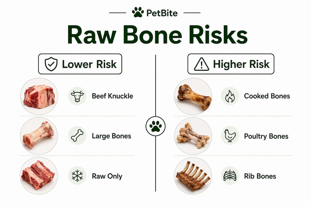 Infographic comparing lower and higher risk raw dog bones