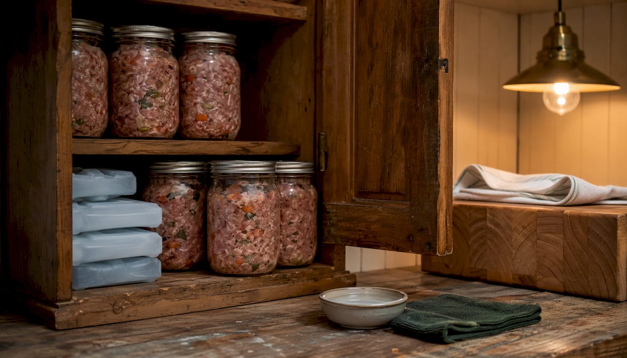 Frozen raw dog food storage in kitchen freezer