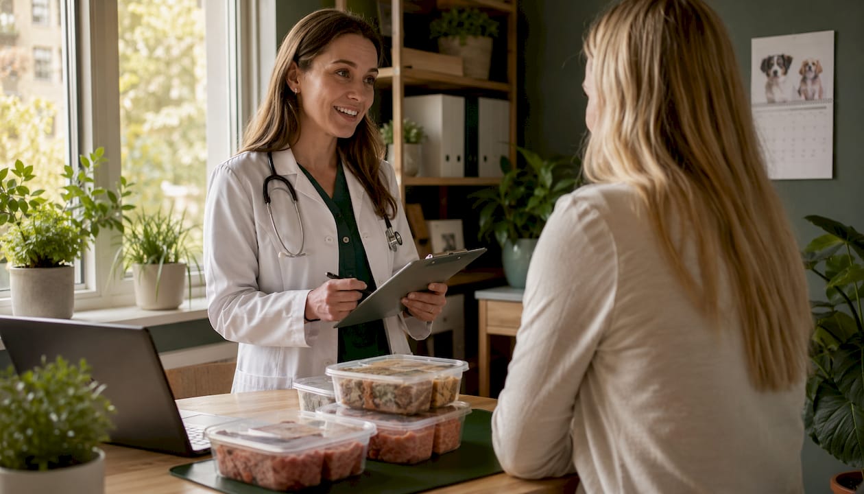 Veterinarian discussing premium raw dog food options