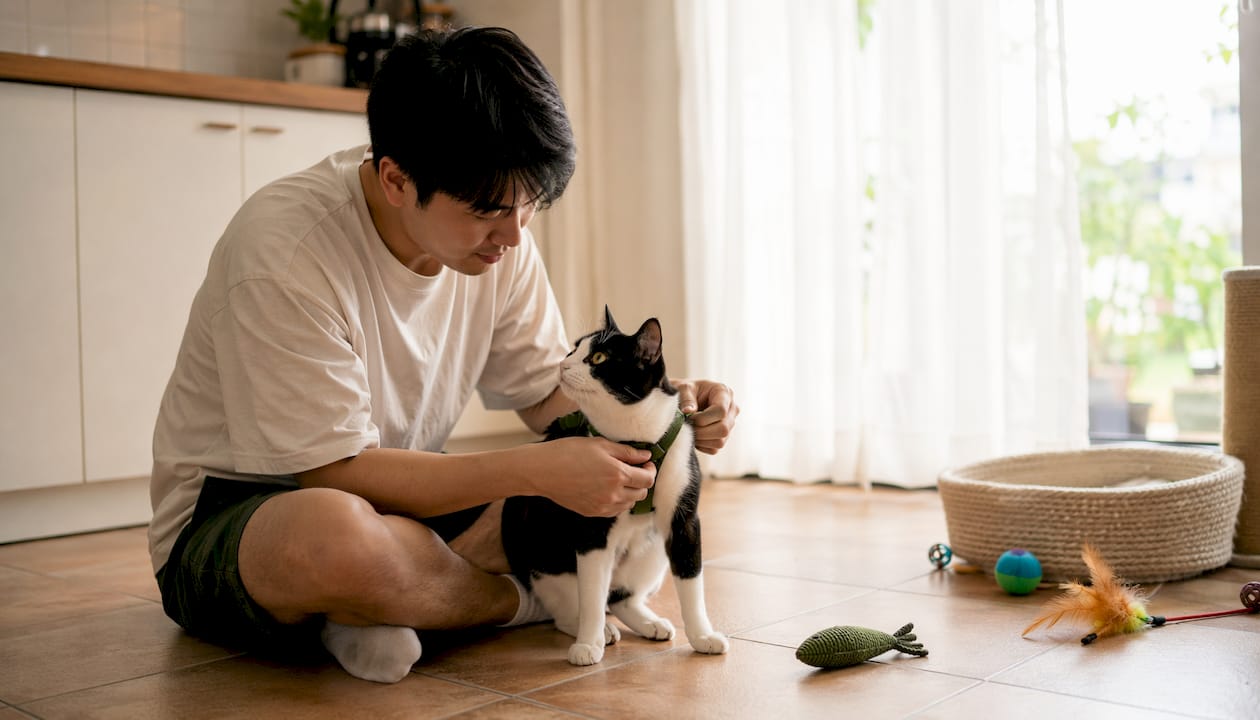 Man fits step-in harness on cat indoors