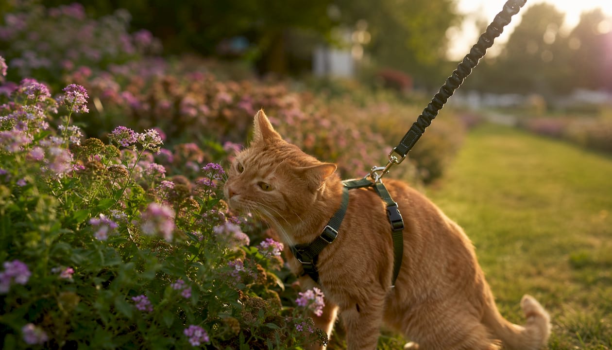 Ginger cat with H-style harness outdoors