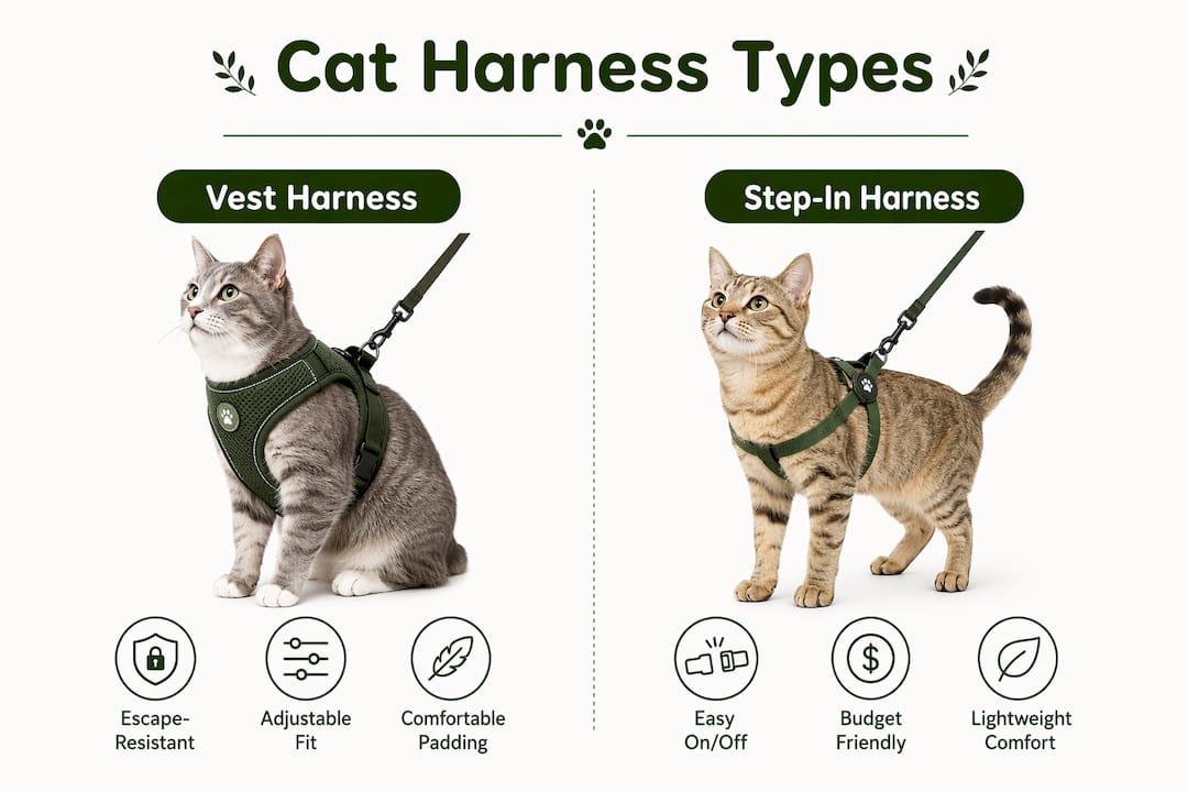 Infographic comparing vest and step-in cat harness types