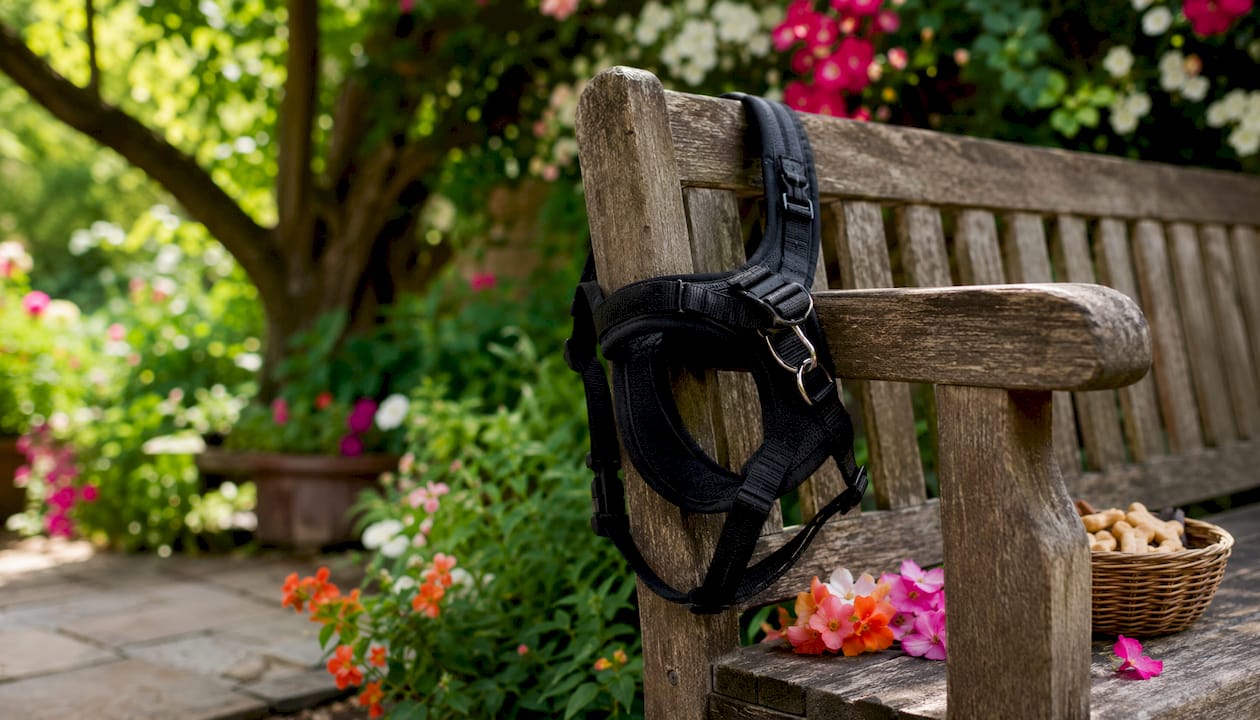 Close-up of HNTR 3.0 dog harness on wooden table