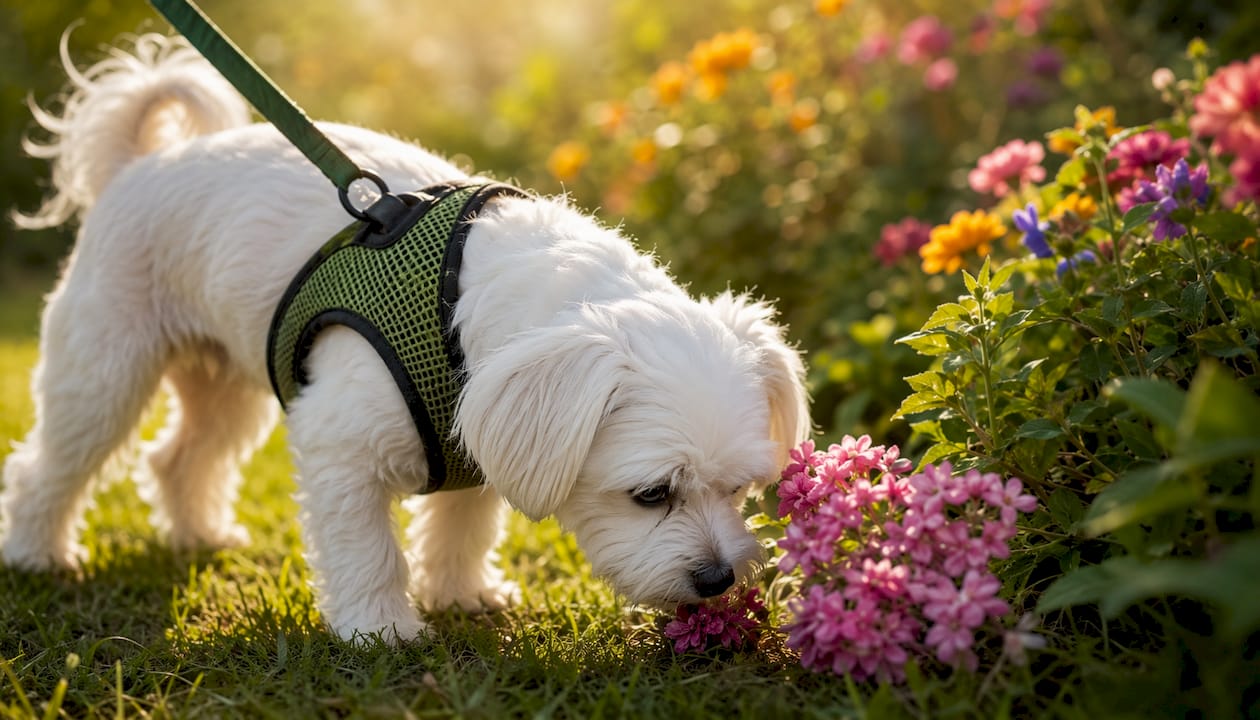 Small dog wearing breathable mesh harness outside