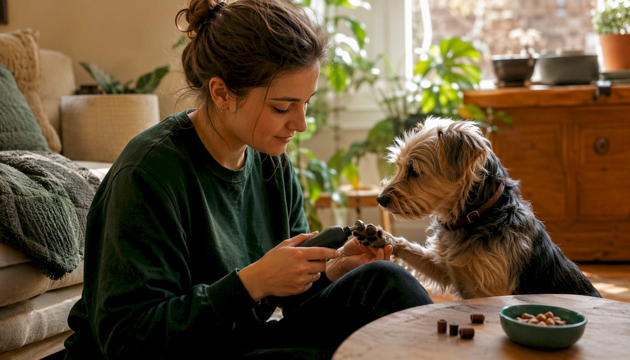 Close-up of Dremel grinder on dog nail