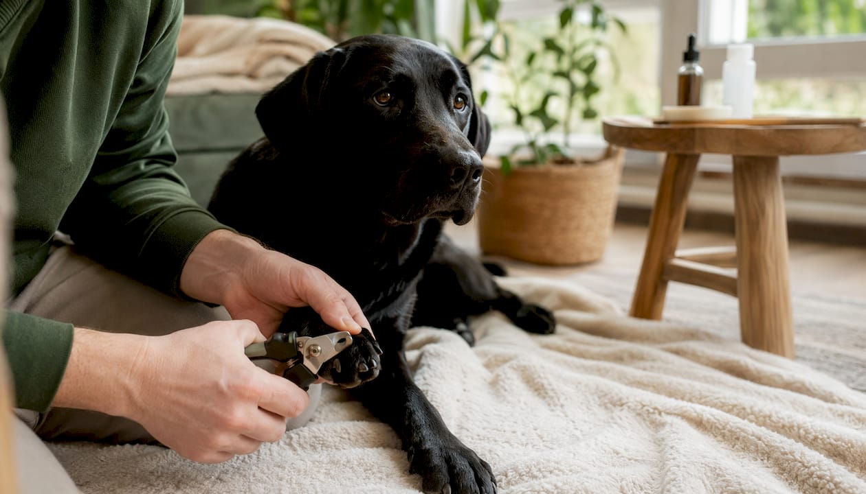 Hands using guillotine nail clippers on dog