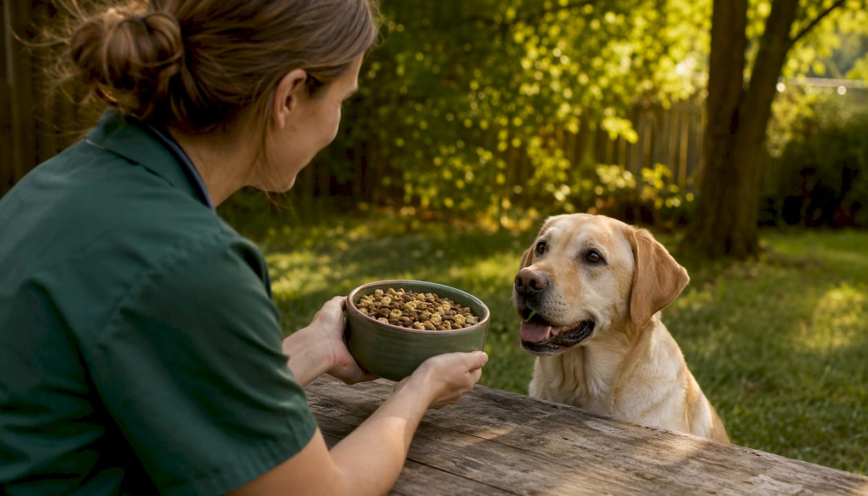 Whole grains kibble bowl with vet and dog