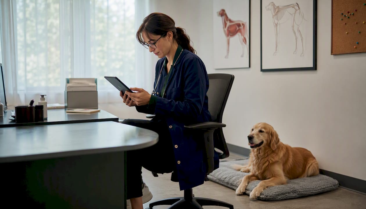 Veterinarian reviewing blood test results for dog