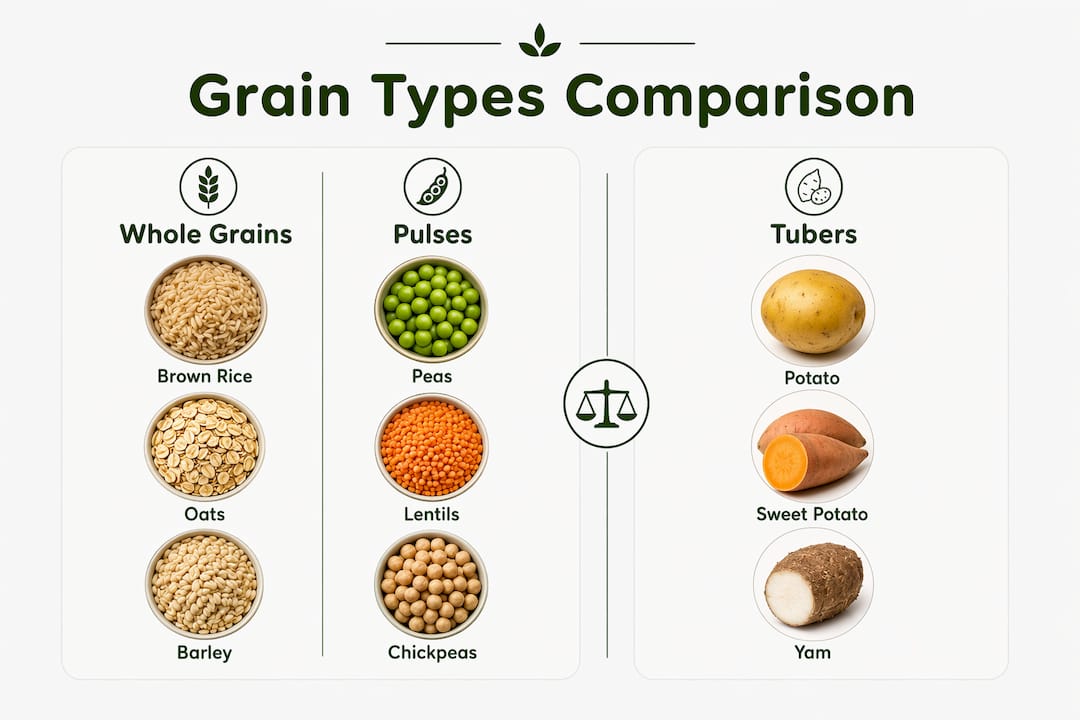Comparison infographic of whole grains, pulses, and tubers for dog food
