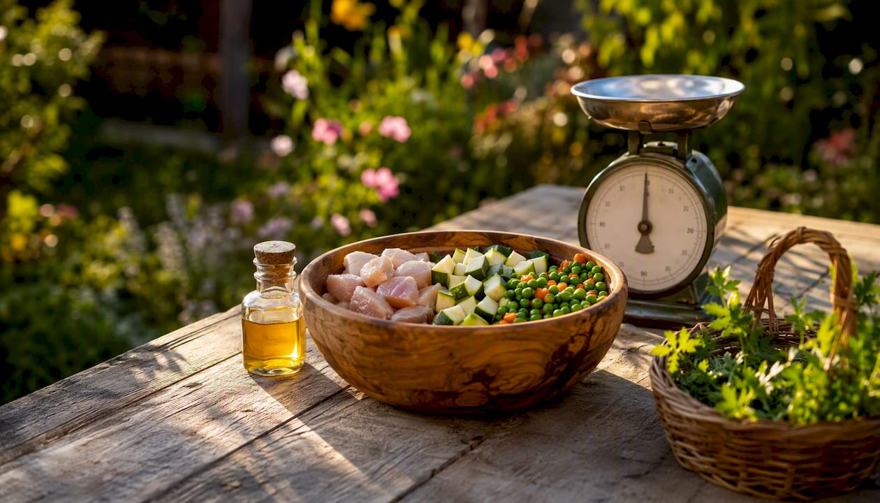 Ingredients for senior dog diet on kitchen counter