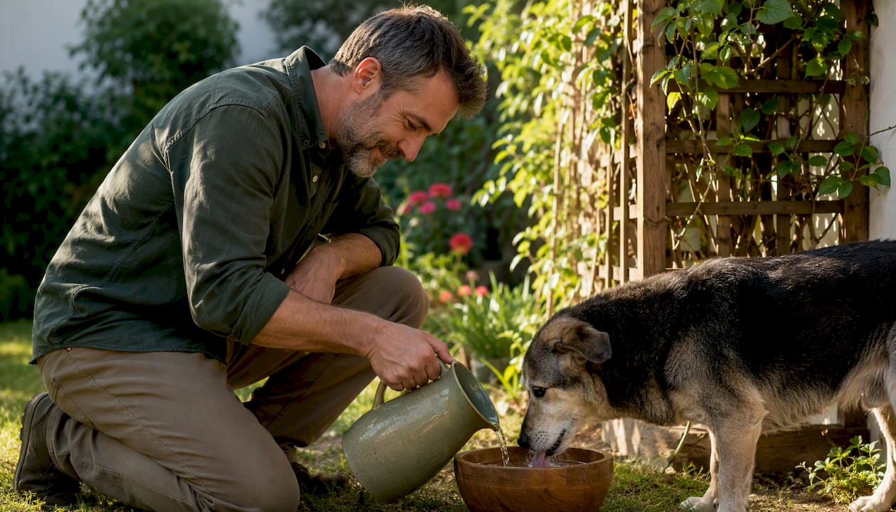 Owner pouring water for senior dog outdoors