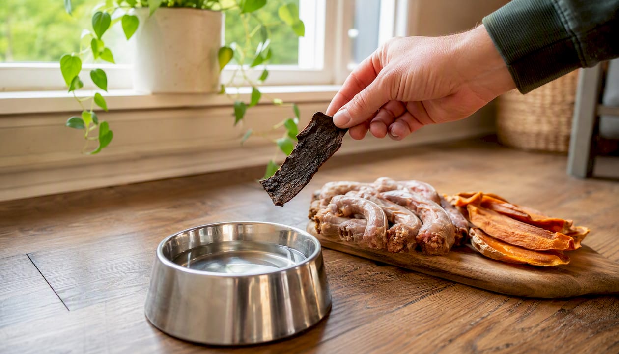 Hand offering natural edible puppy chew