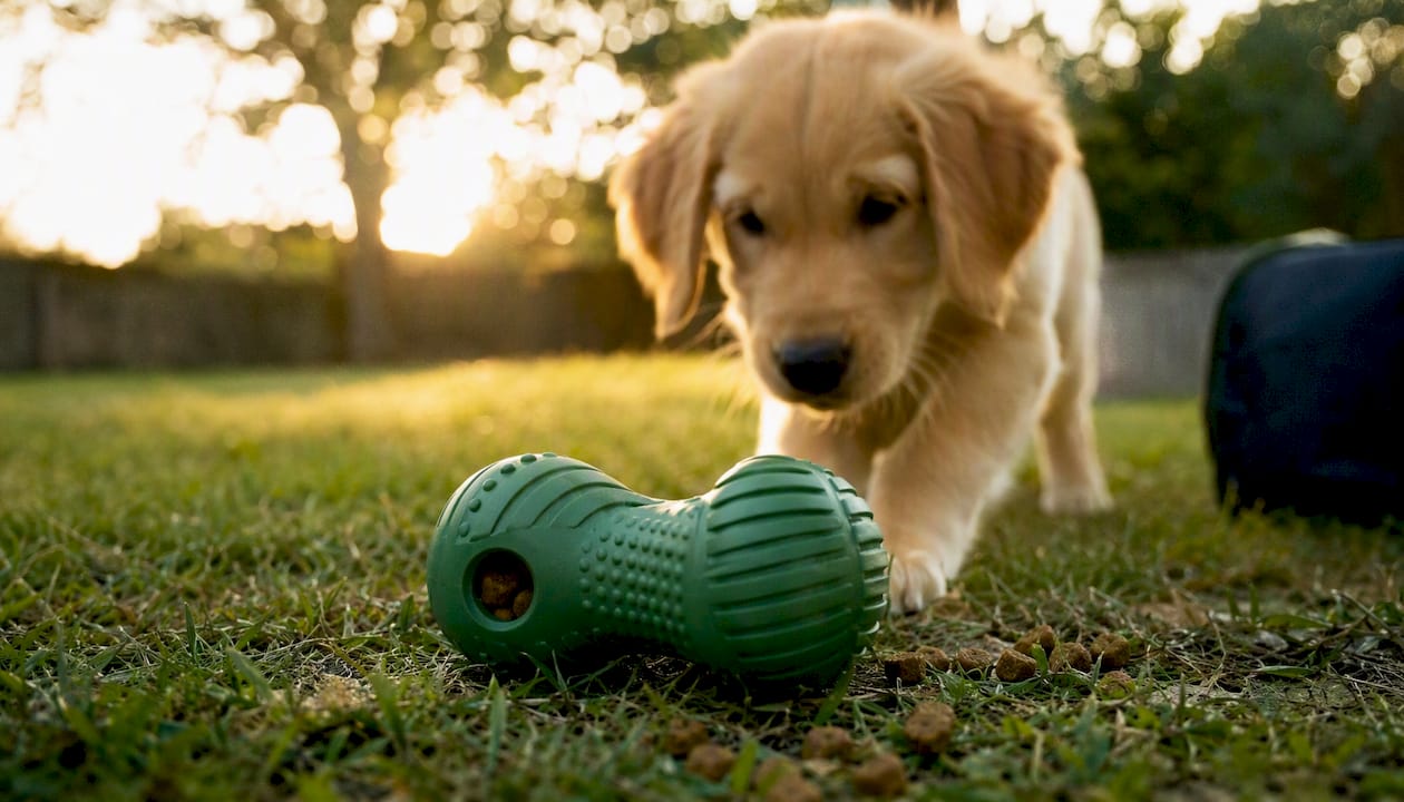 Blue rubber chew toy with puppy kibble