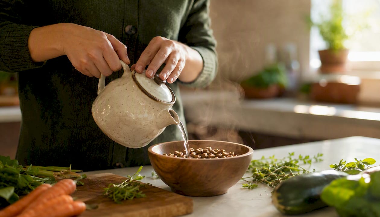 Hands rehydrating freeze-dried dog food in bowl