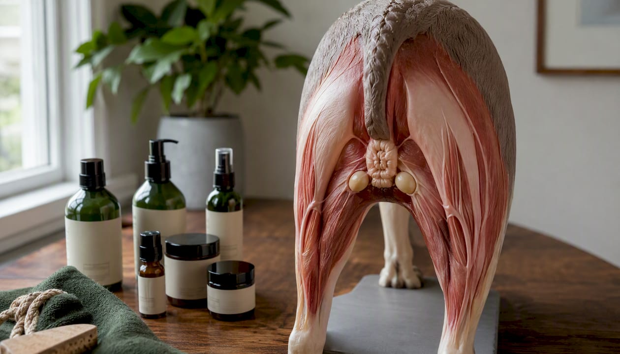 Anatomical model showing dog's anal gland placement