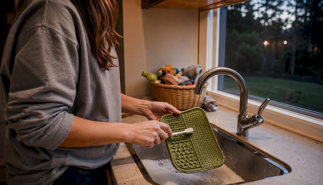 Hand scrubbing dog lick mat grooves with toothbrush
